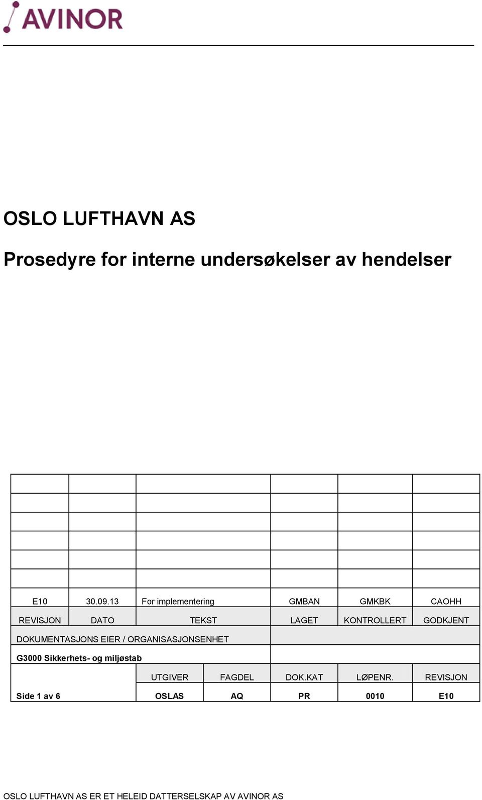 KONTROLLERT GODKJENT DOKUMENTASJONS EIER / ORGANISASJONSENHET G3000