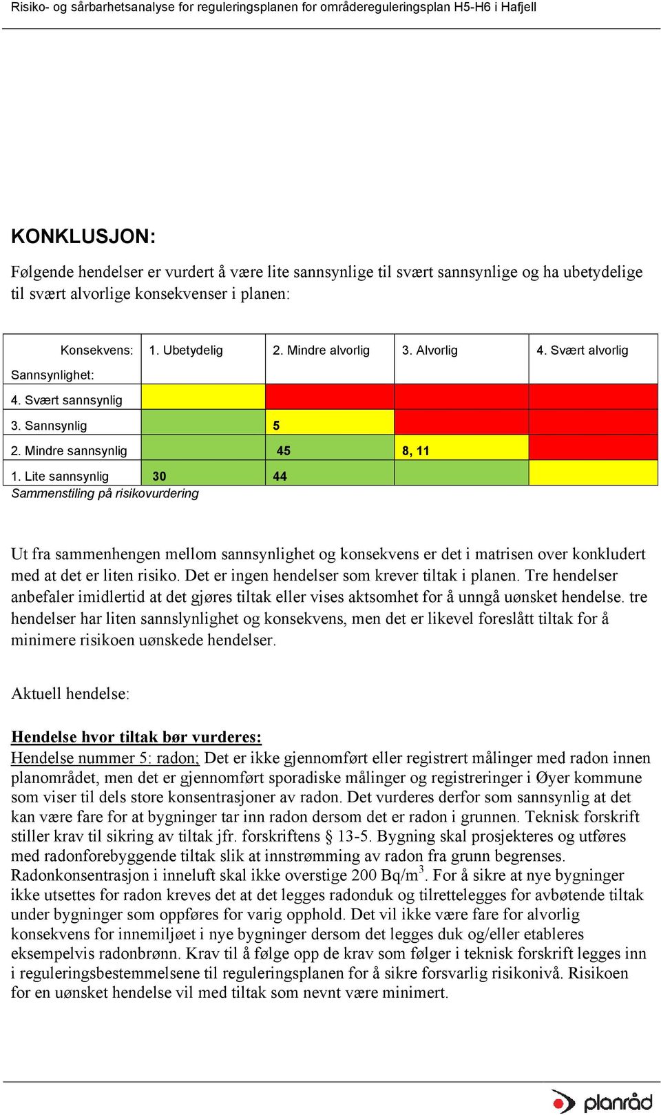 Lite sannsynlig 30 44 Sammenstiling på risikovurdering Ut fra sammenhengen mellom sannsynlighet og konsekvens er det i matrisen over konkludert med at det er liten risiko.