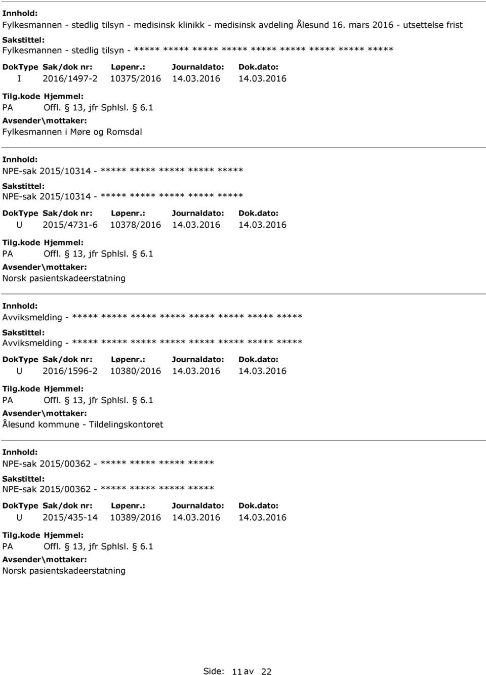 NE-sak 2015/10314 - NE-sak 2015/10314-2015/4731-6 10378/2016 Norsk pasientskadeerstatning Avviksmelding - Avviksmelding