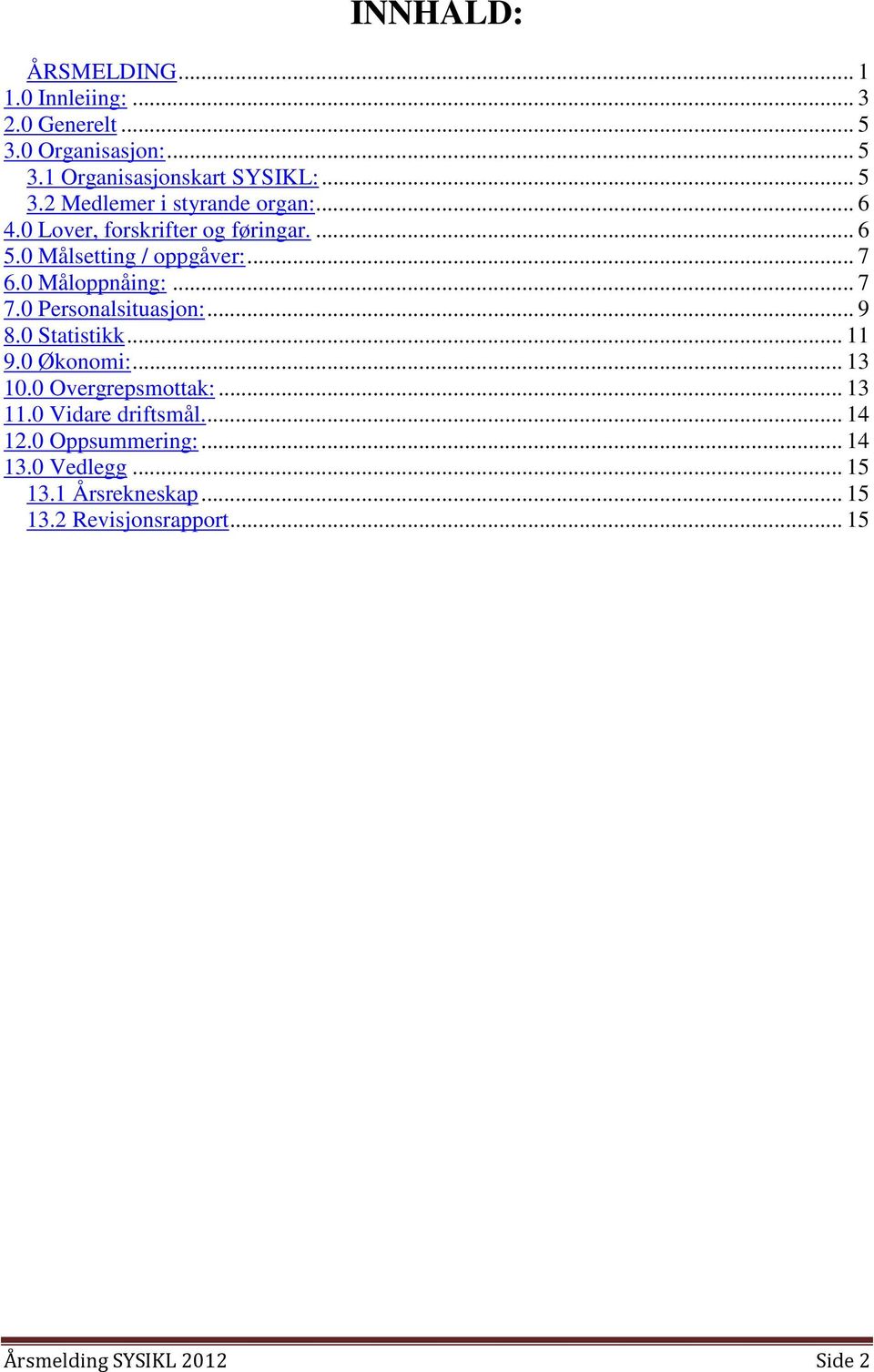 .. 9 8.0 Statistikk... 11 9.0 Økonomi:... 13 10.0 Overgrepsmottak:... 13 11.0 Vidare driftsmål.... 14 12.0 Oppsummering:.