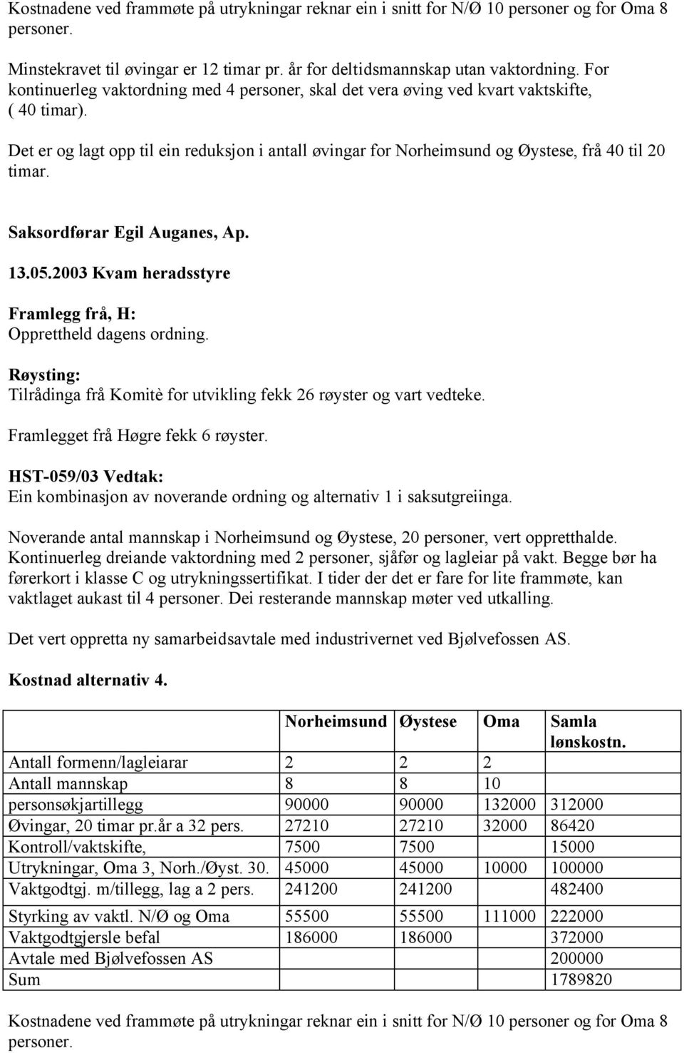 Det er og lagt opp til ein reduksjon i antall øvingar for Norheimsund og Øystese, frå 40 til 20 timar. Saksordførar Egil Auganes, Ap. 13.05.