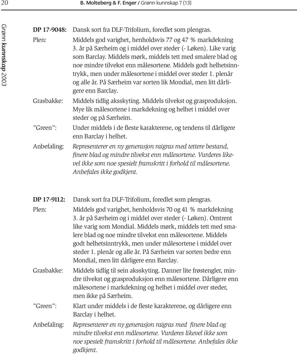 Middels godt helhetsinntrykk, men under målesortene i middel over steder 1. plenår og alle år. På Særheim var sorten lik Mondial, men litt dårligere enn Barclay. Middels tidlig aksskyting.