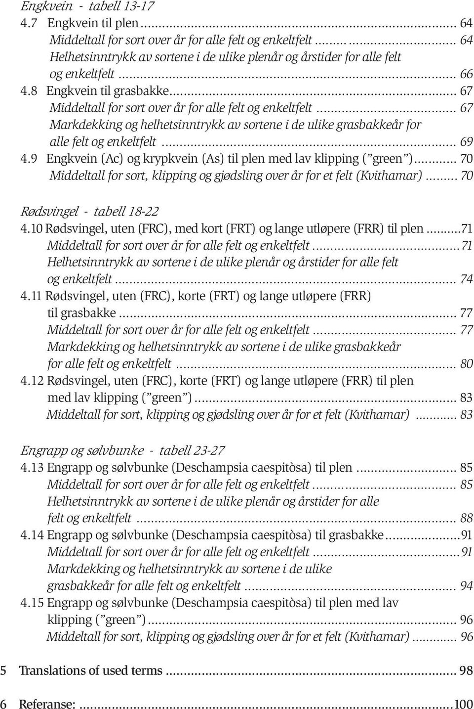 9 Engkvein (Ac) og krypkvein (As) til plen med lav klipping ( green )... 70 Middeltall for sort, klipping og gjødsling over år for et felt (Kvithamar)... 70 Rødsvingel - tabell 18-22 4.