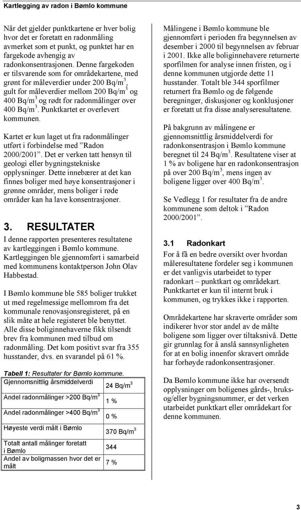 Punktkartet er overlevert kommunen. Kartet er kun laget ut fra radonmålinger utført i forbindelse med Radon 2000/2001. Det er verken tatt hensyn til geologi eller bygningstekniske opplysninger.