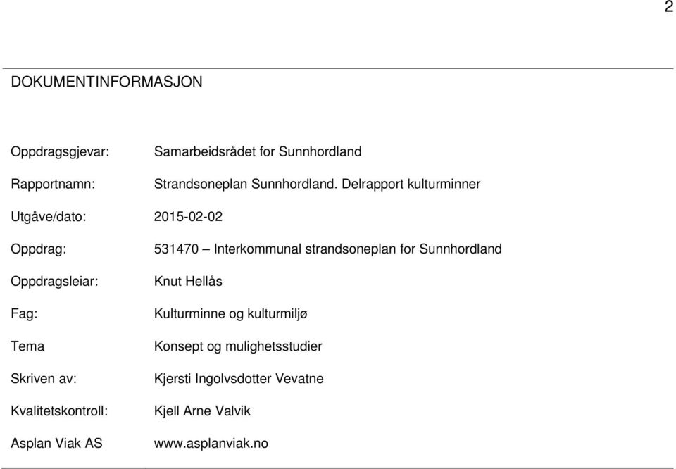 Delrapport kulturminner Utgåve/dato: 2015-02-02 Oppdrag: Oppdragsleiar: Fag: Tema Skriven av: