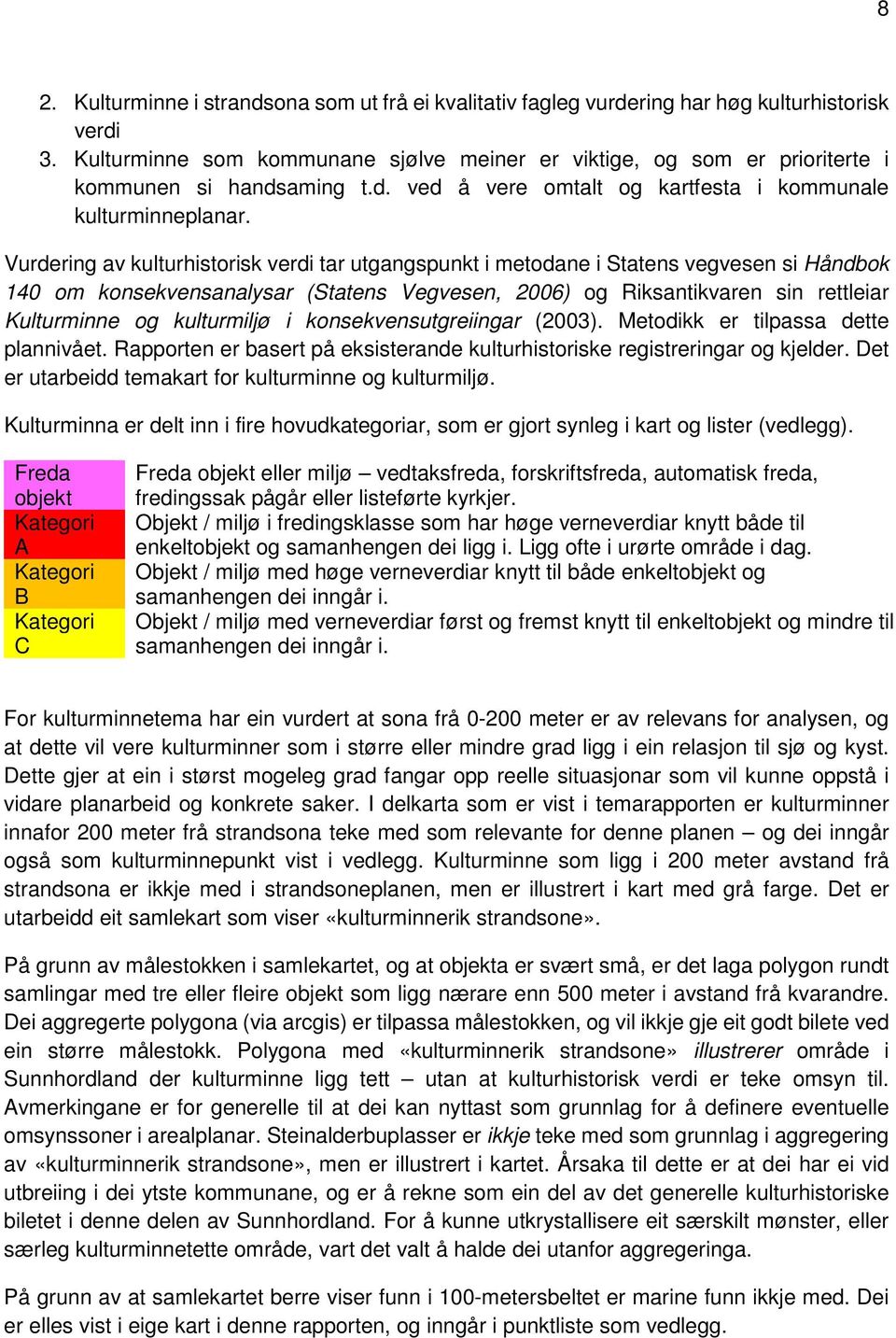 Vurdering av kulturhistorisk verdi tar utgangspunkt i metodane i Statens vegvesen si Håndbok 140 om konsekvensanalysar (Statens Vegvesen, 2006) og Riksantikvaren sin rettleiar Kulturminne og