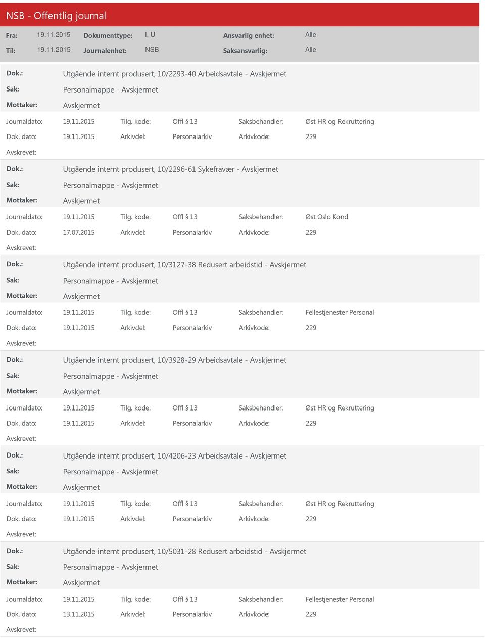 2015 Arkivdel: Personalarkiv Arkivkode: 229 tgående internt produsert, 10/3127-38 Redusert arbeidstid - Personalmappe - Dok.