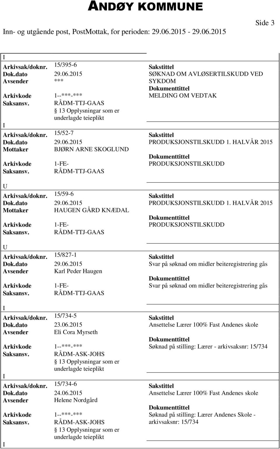 15/827-1 Sakstittel Dok.dato 29.06.2015 Svar på søknad om midler beiteregistrering gås Avsender Karl Peder Haugen Arkivkode 1-FE- Svar på søknad om midler beiteregistrering gås Arkivsak/doknr.