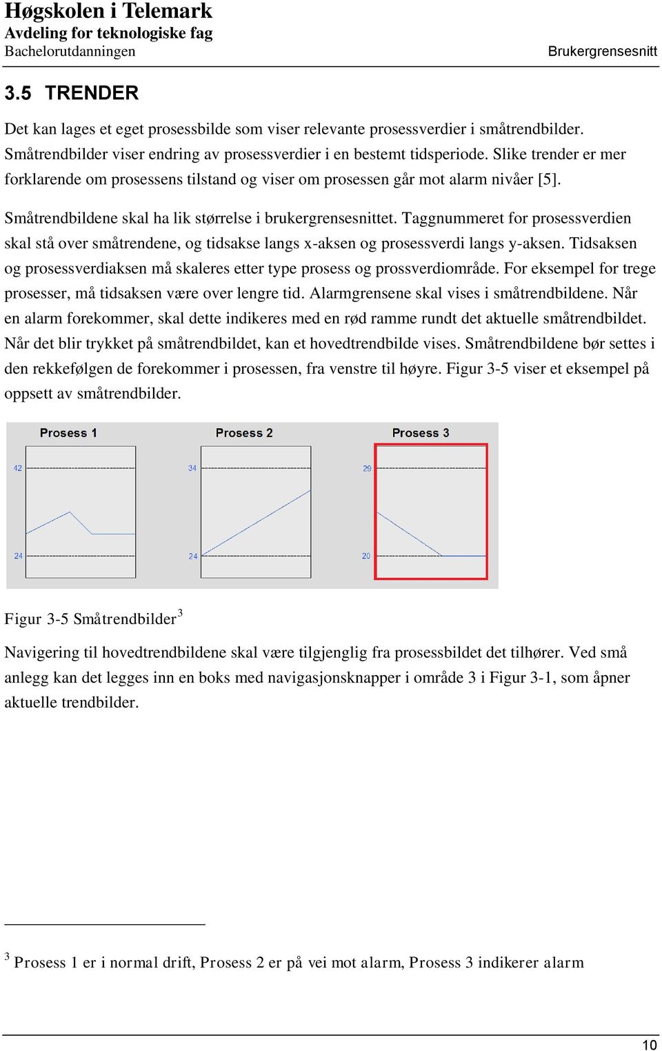 Taggnummeret for prosessverdien skal stå over småtrendene, og tidsakse langs x-aksen og prosessverdi langs y-aksen. Tidsaksen og prosessverdiaksen må skaleres etter type prosess og prossverdiområde.