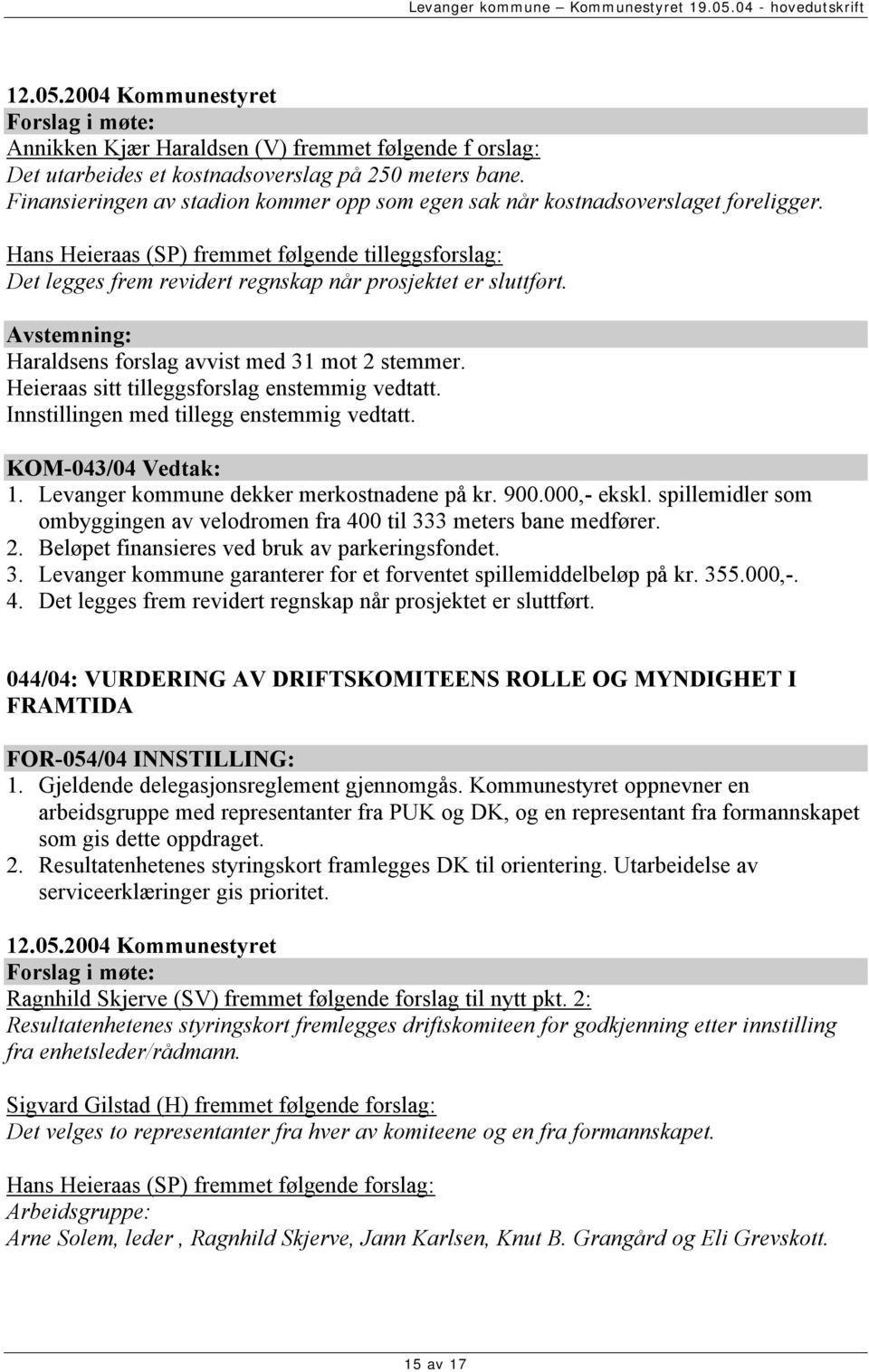 Heieraas sitt tilleggsforslag enstemmig vedtatt. Innstillingen med tillegg enstemmig vedtatt. KOM-043/04 Vedtak: 1. Levanger kommune dekker merkostnadene på kr. 900.000,- ekskl.