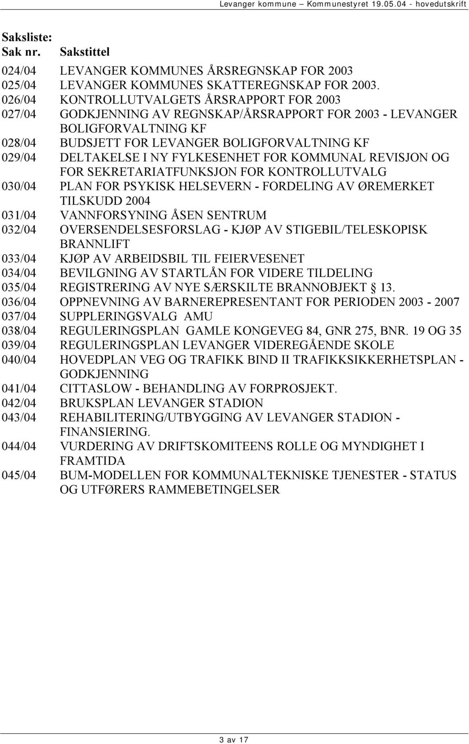 FYLKESENHET FOR KOMMUNAL REVISJON OG FOR SEKRETARIATFUNKSJON FOR KONTROLLUTVALG 030/04 PLAN FOR PSYKISK HELSEVERN - FORDELING AV ØREMERKET TILSKUDD 2004 031/04 VANNFORSYNING ÅSEN SENTRUM 032/04