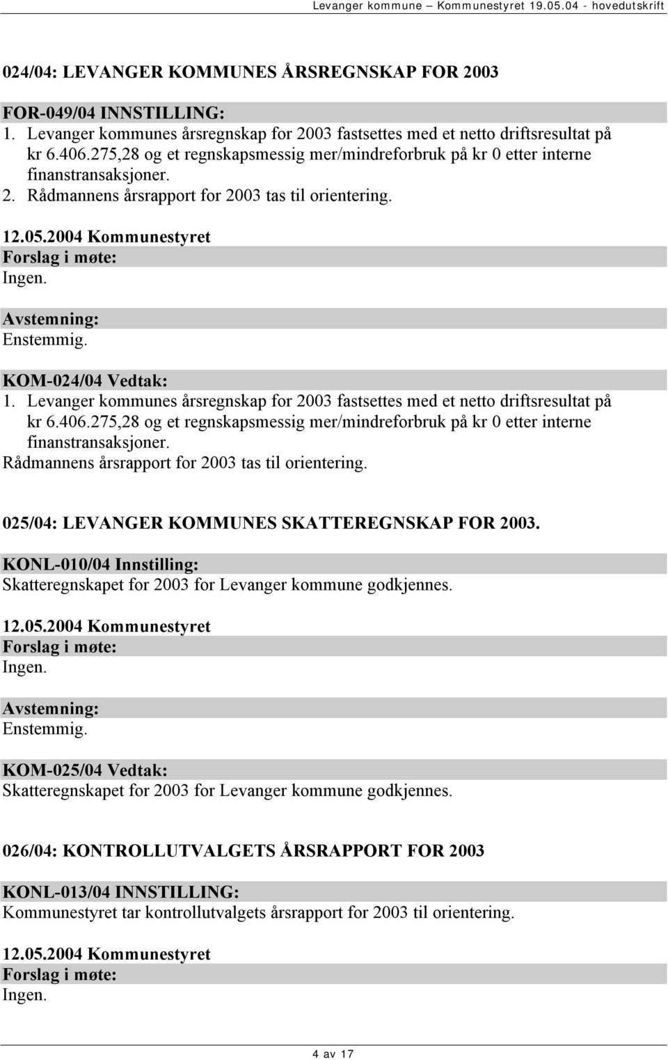 Levanger kommunes årsregnskap for 2003 fastsettes med et netto driftsresultat på kr 6.406.275,28 og et regnskapsmessig mer/mindreforbruk på kr 0 etter interne finanstransaksjoner.