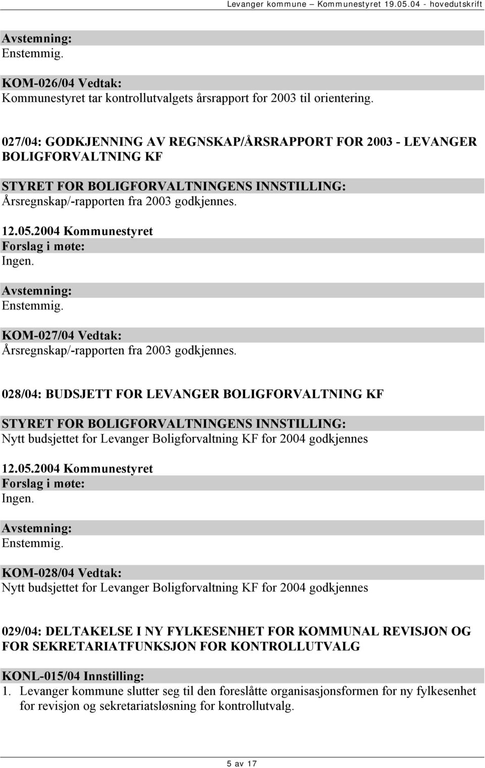 KOM-027/04 Vedtak: Årsregnskap/-rapporten fra 2003 godkjennes.