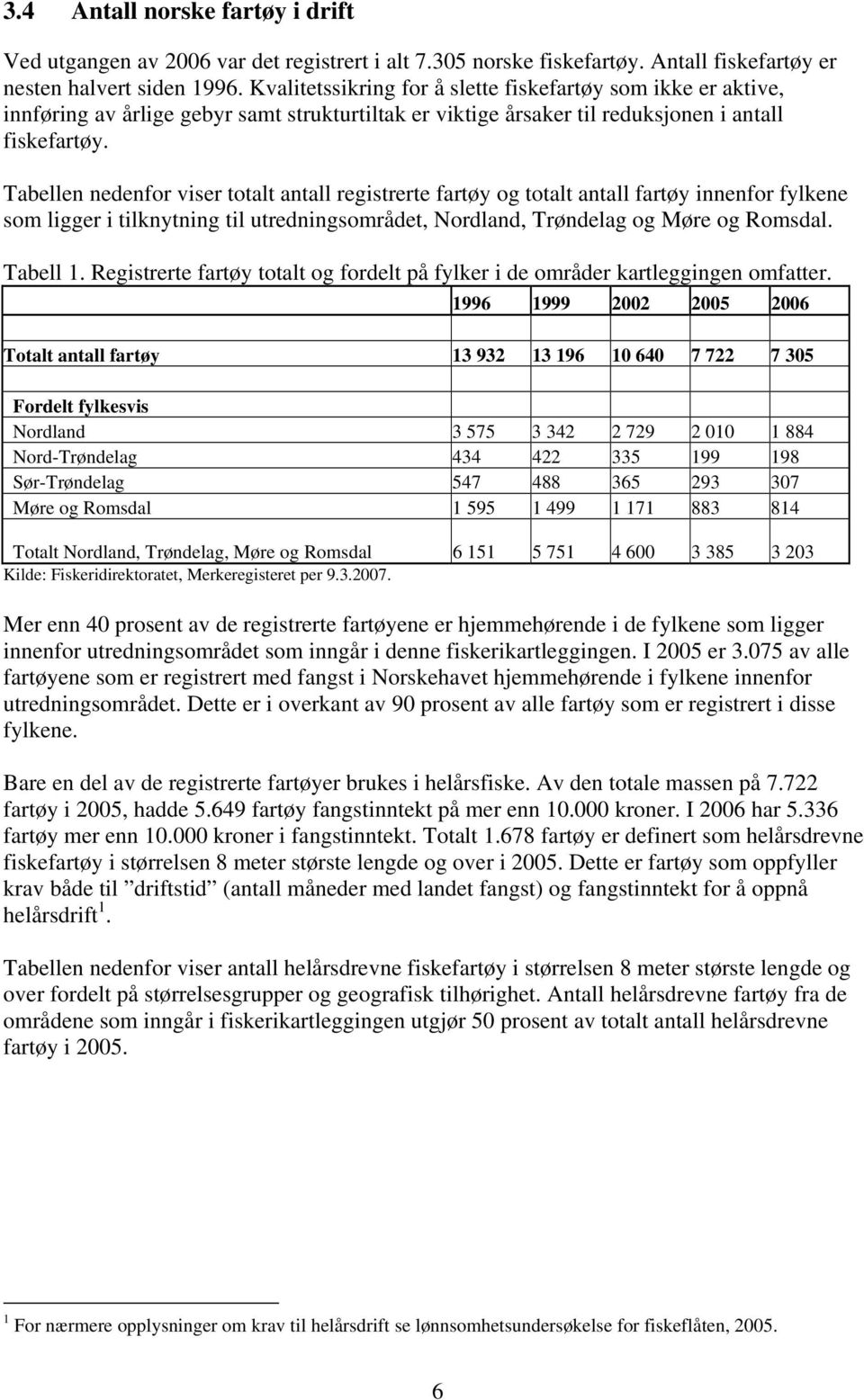 Tabellen nedenfor viser totalt antall registrerte fartøy og totalt antall fartøy innenfor fylkene som ligger i tilknytning til utredningsområdet, Nordland, Trøndelag og Møre og Romsdal. Tabell 1.