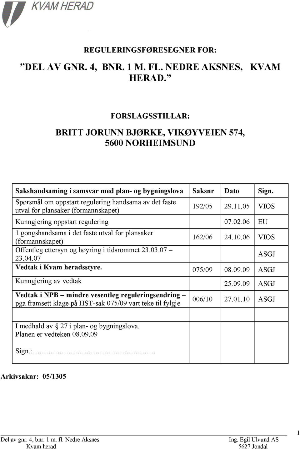 Spørsmål om oppstart regulering handsama av det faste utval for plansaker (formannskapet) 192/05 29.11.05 VIOS Kunngjering oppstart regulering 07.02.06 EU 1.