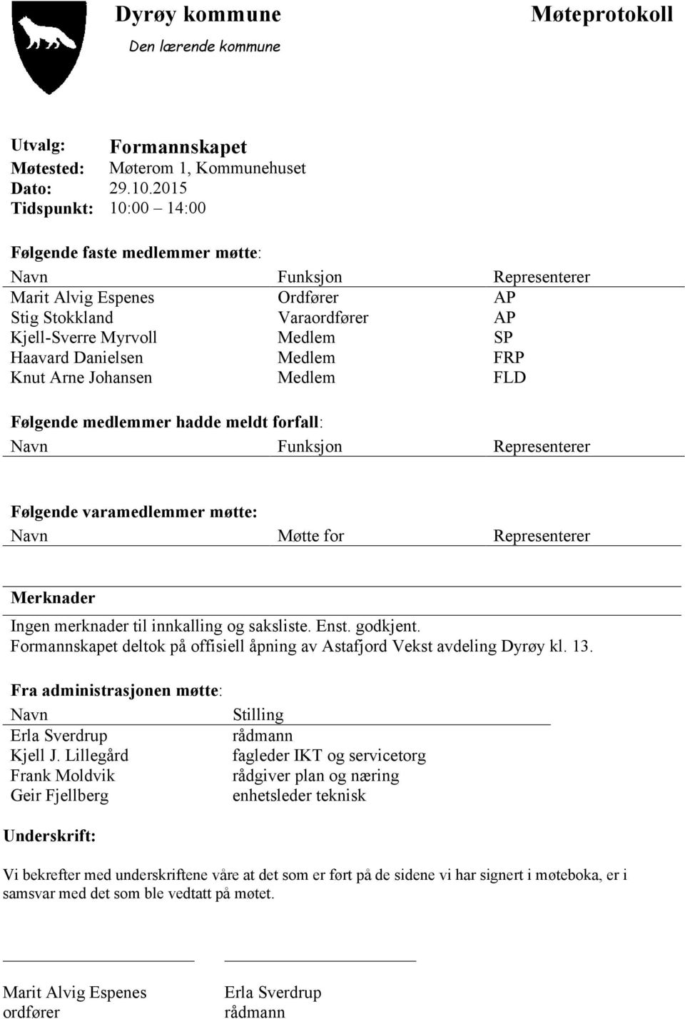 Medlem FRP Knut Arne Johansen Medlem FLD Følgende medlemmer hadde meldt forfall: Navn Funksjon Representerer Følgende varamedlemmer møtte: Navn Møtte for Representerer Merknader Ingen merknader til