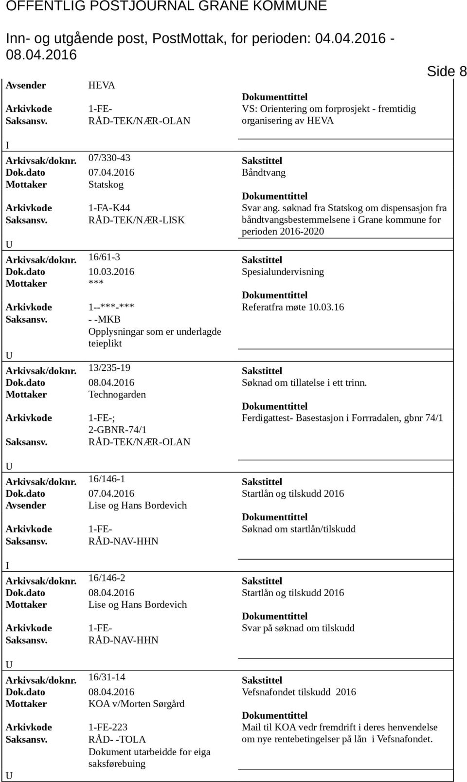 søknad fra Statskog om dispensasjon fra Saksansv. RÅD-TEK/NÆR-LSK båndtvangsbestemmelsene i Grane kommune for perioden 2016-2020 Arkivsak/doknr. 16/61-3 Sakstittel Dok.dato 10.03.