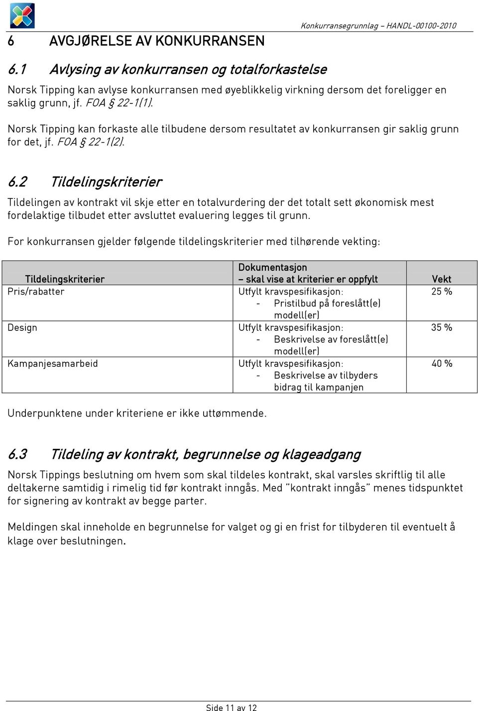 Norsk Tipping kan forkaste alle tilbudene dersom resultatet av konkurransen gir saklig grunn for det, jf. FOA 22-1(2). 6.