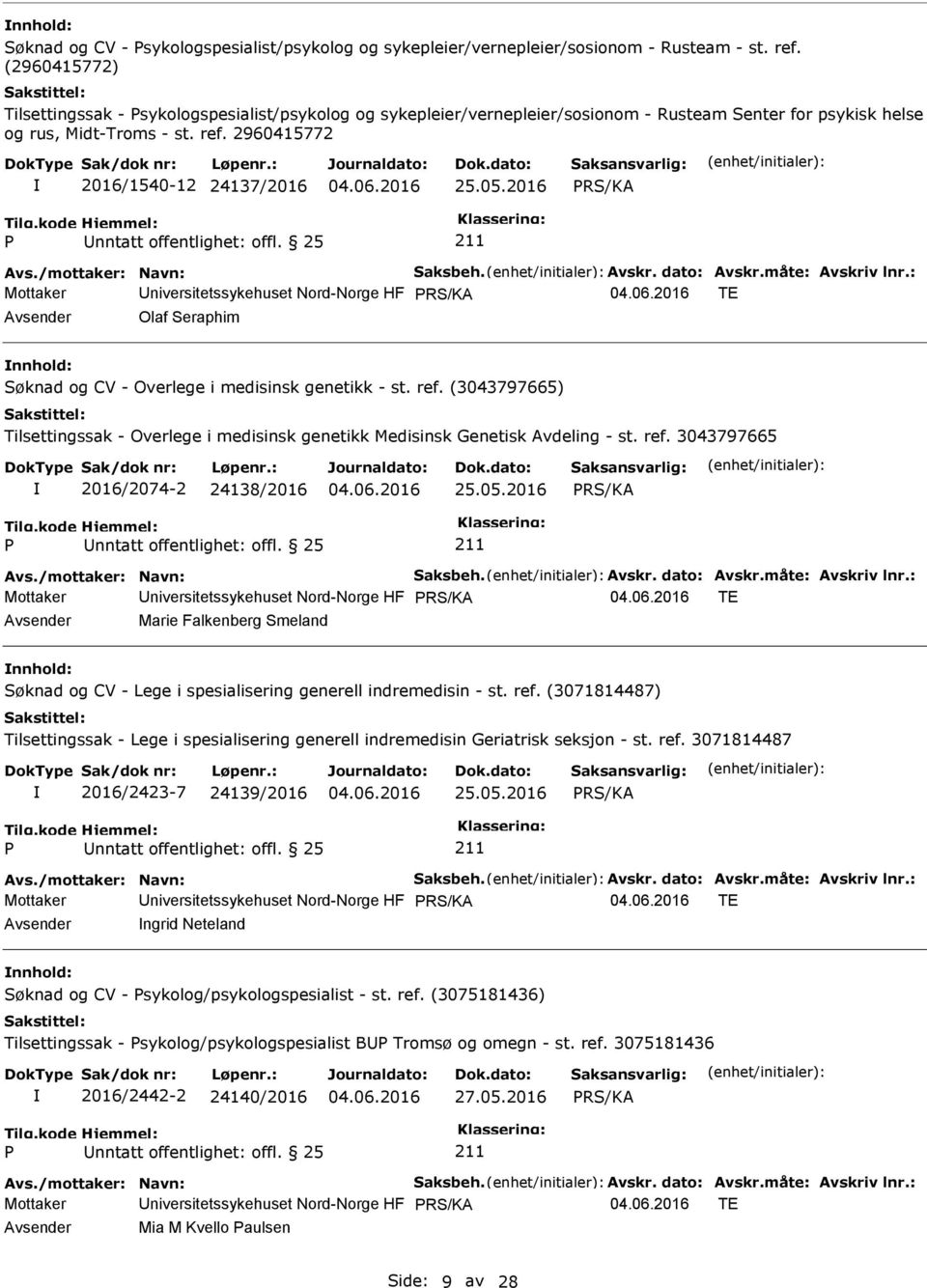 måte: Avskriv lnr.: Mottaker niversitetssykehuset Nord-Norge HF TE Olaf Seraphim nnhold: Søknad og CV - Overlege i medisinsk genetikk - st. ref.