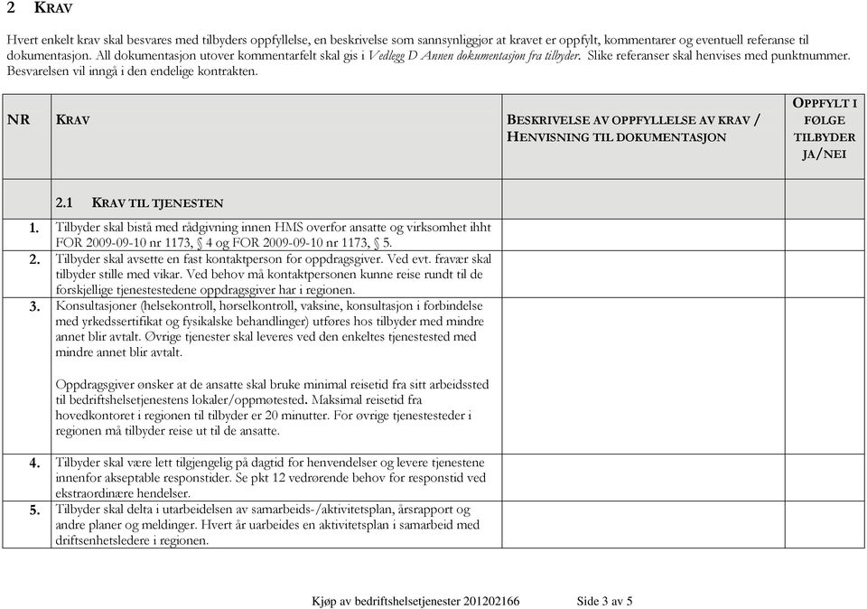 NR KRAV BESKRIVELSE AV OPPFYLLELSE AV KRAV / HENVISNING TIL DOKUMENTASJON OPPFYLT I FØLGE TILBYDER JA/NEI 2.1 KRAV TIL TJENESTEN 1.