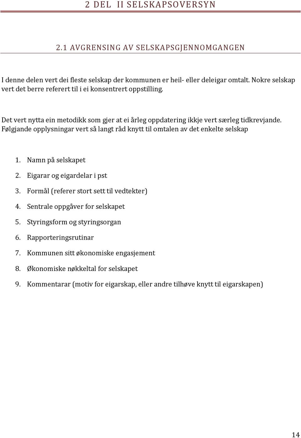 Følgjande opplysningar vert så langt råd knytt til omtalen av det enkelte selskap 1. Namn på selskapet 2. Eigarar og eigardelar i pst 3. Formål (referer stort sett til vedtekter) 4.