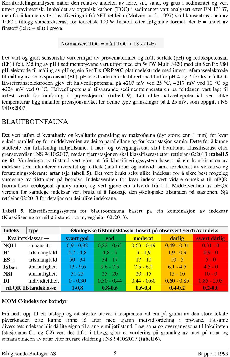 1997) skal konsentrasjonen av TOC i tillegg standardiserast for teoretisk 100 % finstoff etter følgjande formel, der F = andel av finstoff (leire + silt) i prøva: Normalisert TOC = målt TOC + 18 x