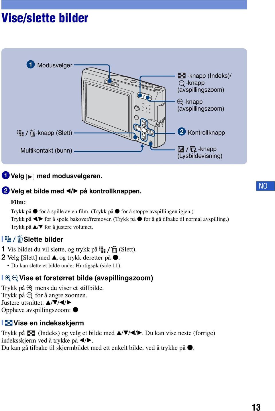 (Trykk på z for å gå tilbake til normal avspilling.) Trykk på v/v for å justere volumet. [ Slette bilder 1 Vis bildet du vil slette, og trykk på (Slett). 2 Velg [Slett] med v, og trykk deretter på z.