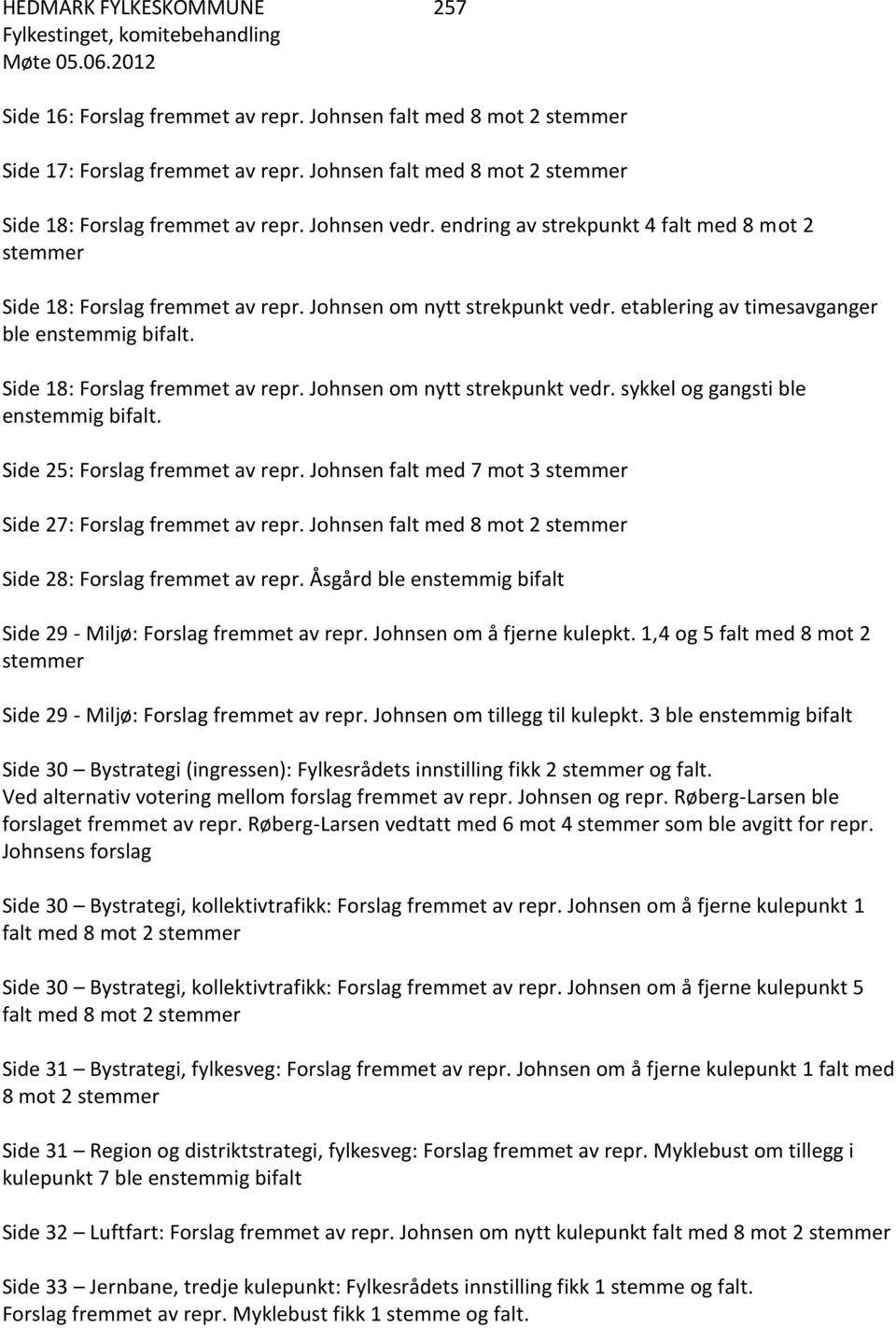 Side 18: Forslag fremmet av repr. Johnsen om nytt strekpunkt vedr. sykkel og gangsti ble enstemmig bifalt. Side 25: Forslag fremmet av repr.