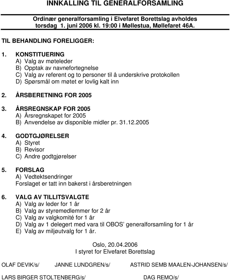 ÅRSREGNSKAP FOR 2005 A) Årsregnskapet for 2005 B) Anvendelse av disponible midler pr. 31.12.2005 4. GODTGJØRELSER A) Styret B) Revisor C) Andre godtgjørelser 5.