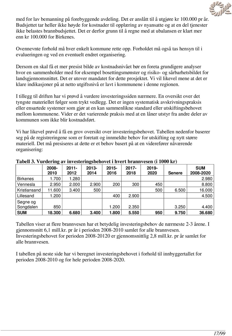 Det er derfor grunn til å regne med at ubalansen er klart mer enn kr 100.000 for Birkenes. Ovennevnte forhold må hver enkelt kommune rette opp.