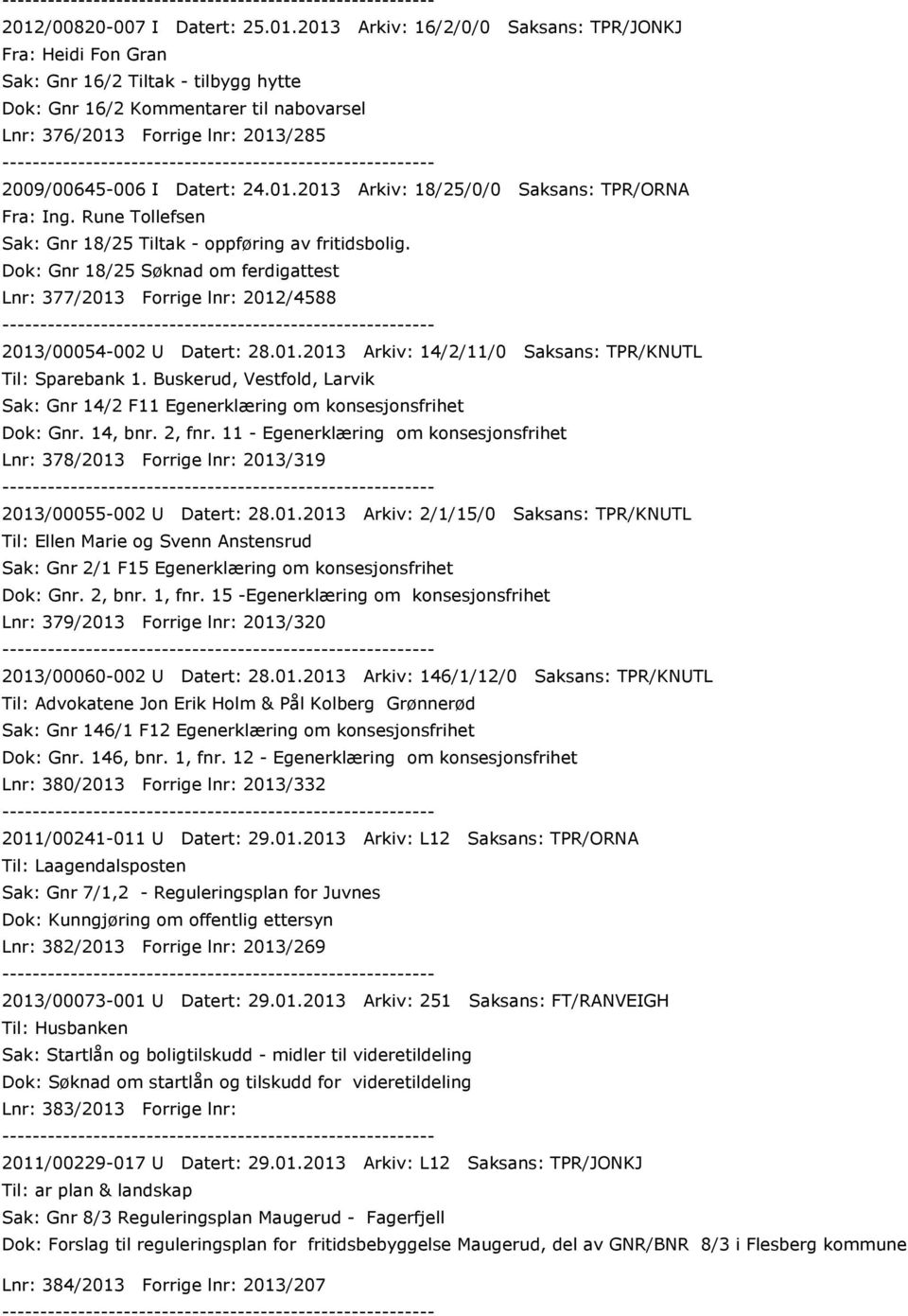 Dok: Gnr 18/25 Søknad om ferdigattest Lnr: 377/2013 Forrige lnr: 2012/4588 2013/00054-002 U Datert: 28.01.2013 Arkiv: 14/2/11/0 Saksans: TPR/KNUTL Til: Sparebank 1.