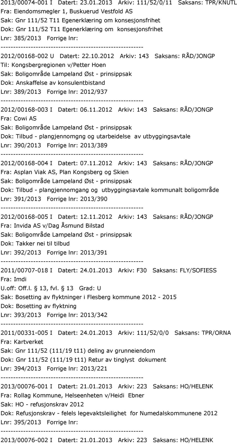 2012 Arkiv: 143 Saksans: RÅD/JONGP Til: Kongsbergregionen v/petter Hoen Sak: Boligområde Lampeland Øst - prinsippsak Dok: Anskaffelse av konsulentbistand Lnr: 389/2013 Forrige lnr: 2012/937