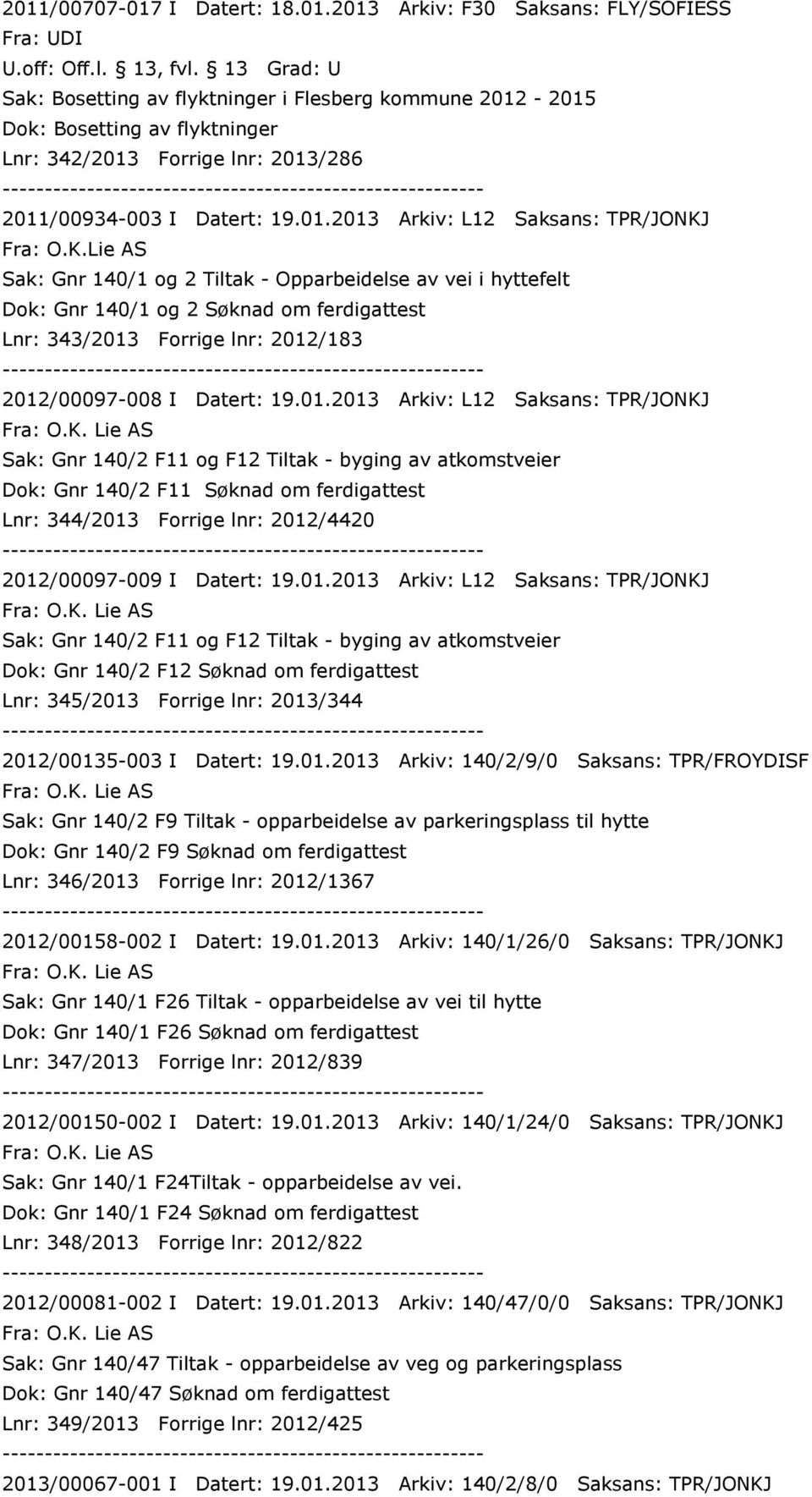 Fra: O.K.Lie AS Sak: Gnr 140/1 og 2 Tiltak - Opparbeidelse av vei i hyttefelt Dok: Gnr 140/1 og 2 Søknad om ferdigattest Lnr: 343/2013 Forrige lnr: 2012/183 2012/00097-008 I Datert: 19.01.2013 Arkiv: L12 Saksans: TPR/JONKJ Fra: O.