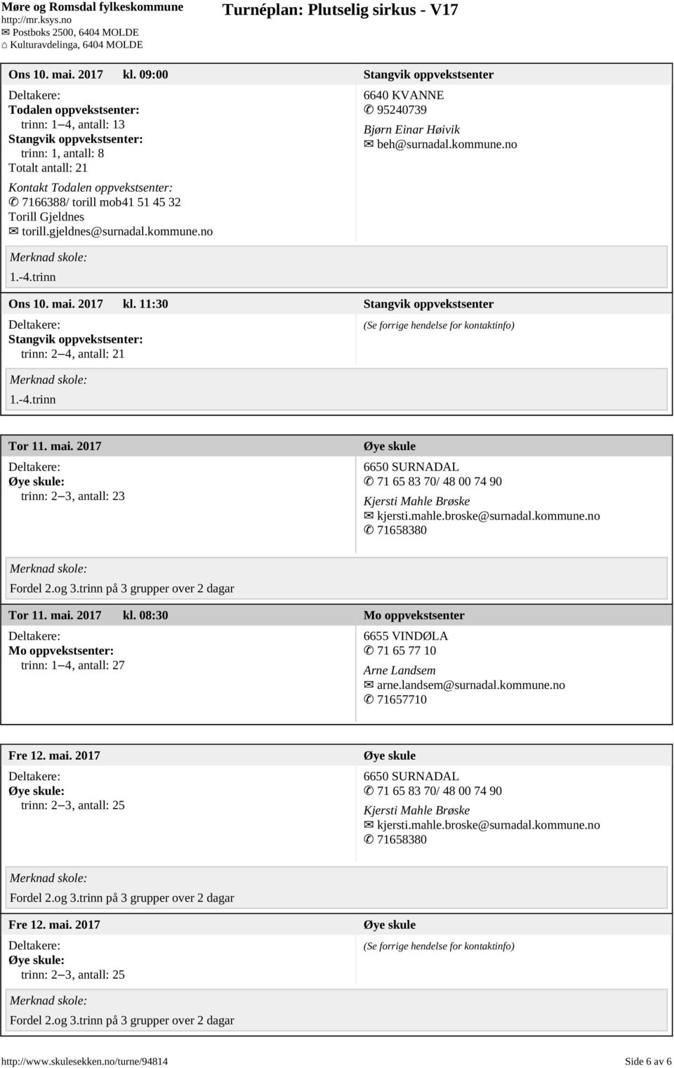 32 Torill Gjeldnes torill.gjeldnes@surnadal.kommune.no 1.-4.trinn 6640 KVANNE 95240739 Bjørn Einar Høivik beh@surnadal.kommune.no  11:30 Stangvik oppvekstsenter Stangvik oppvekstsenter: trinn: 2 4, antall: 21 1.