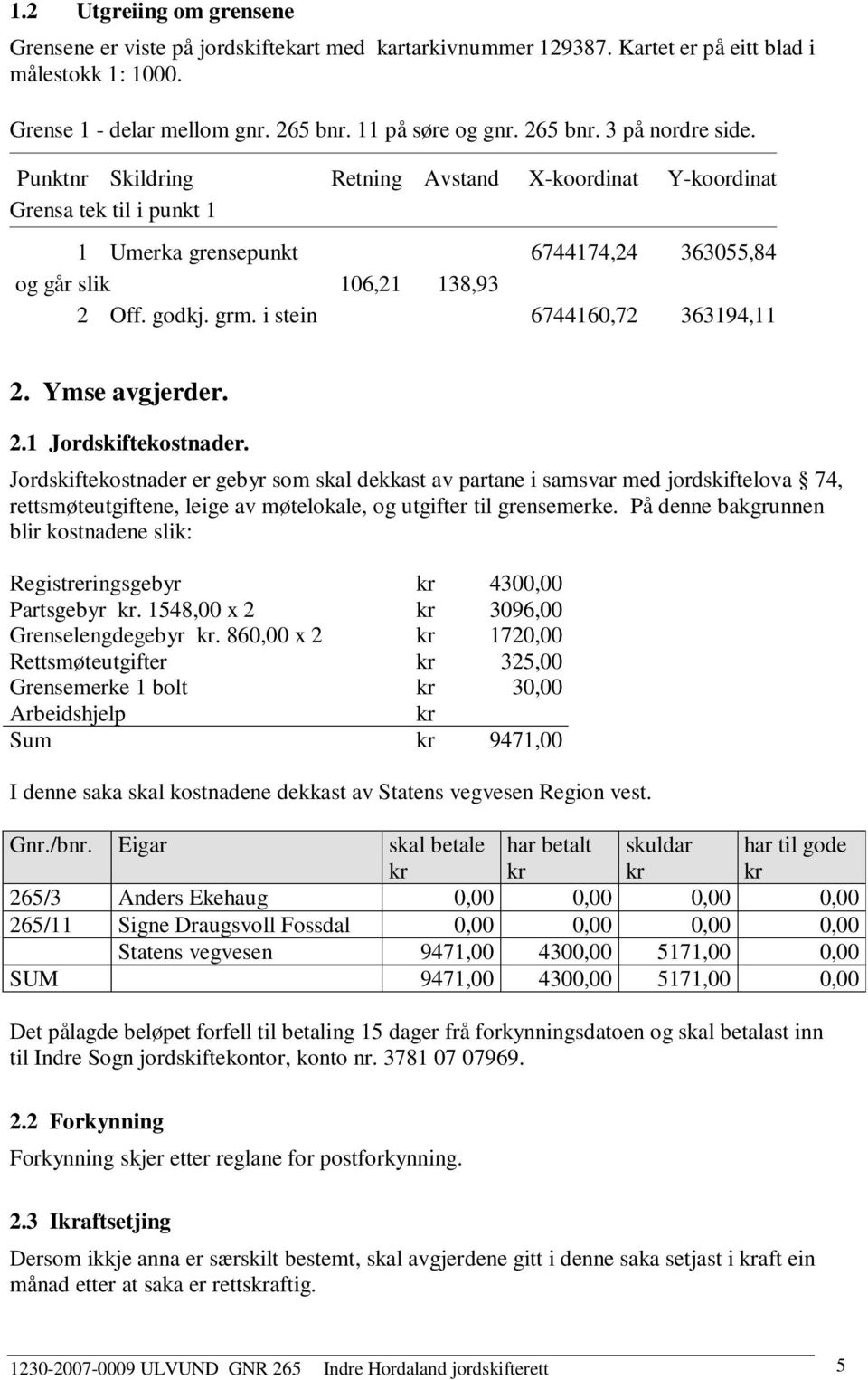 i stein 6744160,72 363194,11 2. Ymse avgjerder. 2.1 Jordskiftekostnader.