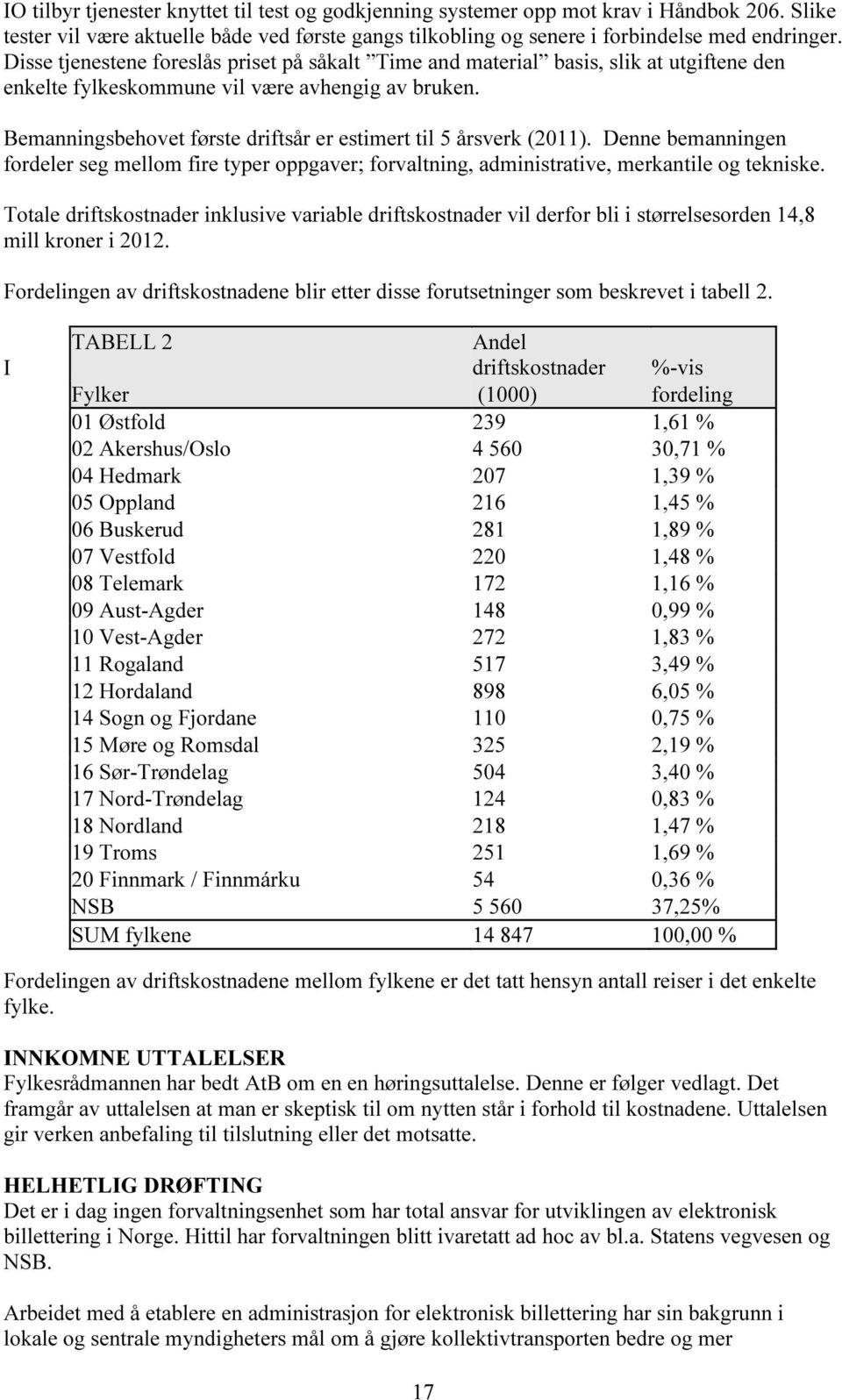 Bemanningsbehovet første driftsår er estimert til 5 årsverk (2011). Denne bemanningen fordeler seg mellom fire typer oppgaver; forvaltning, administrative, merkantile og tekniske.