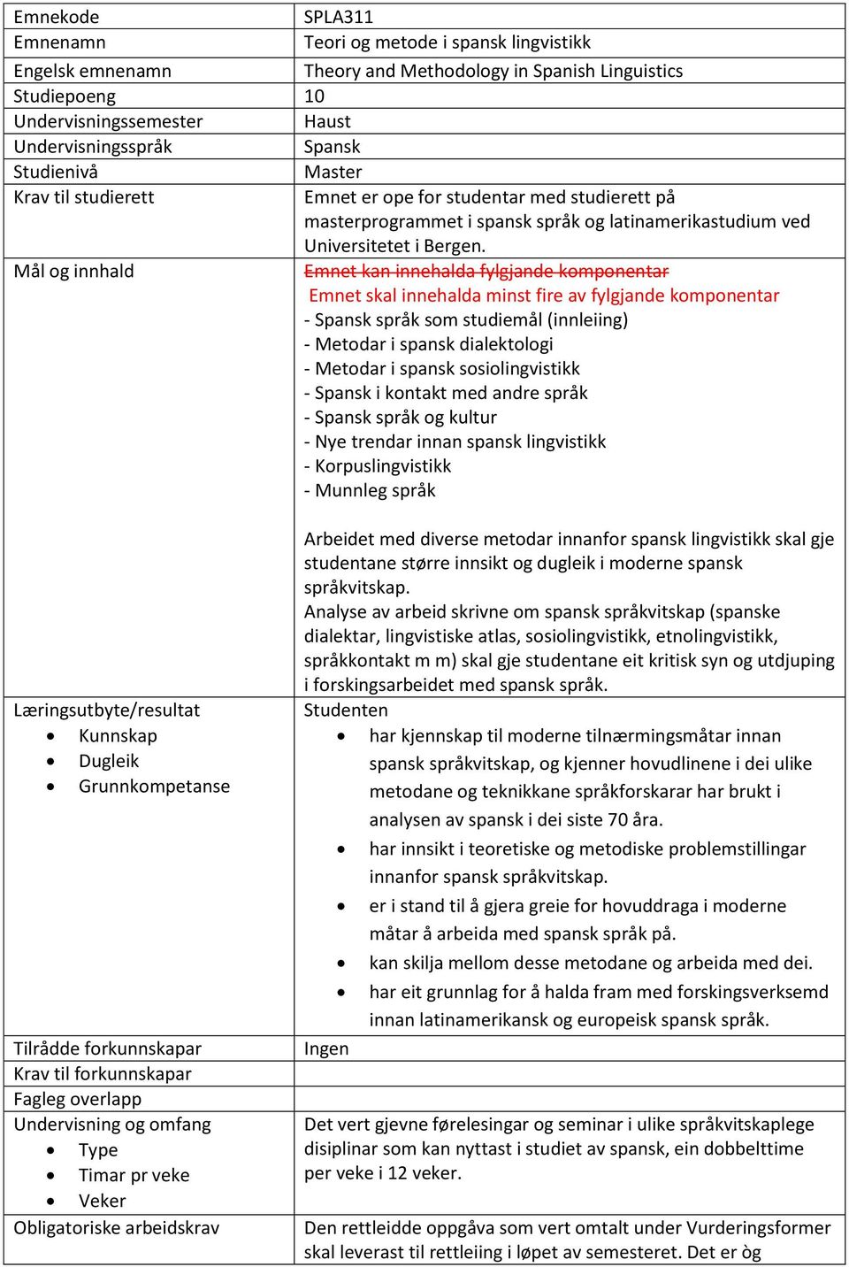 Mål og innhald Emnet kan innehalda fylgjande komponentar Emnet skal innehalda minst fire av fylgjande komponentar - Spansk språk som studiemål (innleiing) - Metodar i spansk dialektologi - Metodar i