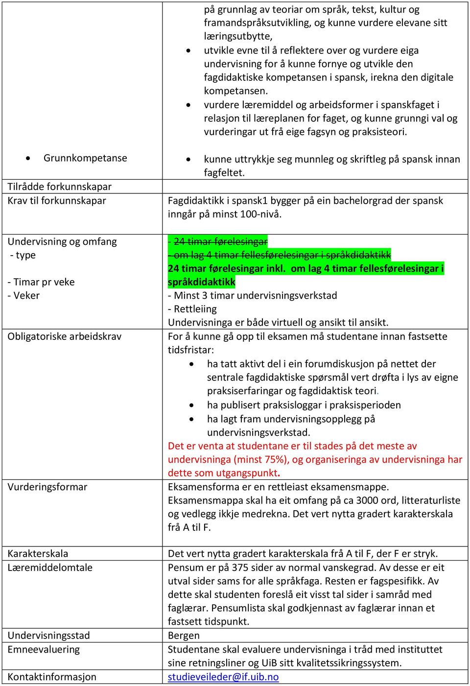 vurdere læremiddel og arbeidsformer i spanskfaget i relasjon til læreplanen for faget, og kunne grunngi val og vurderingar ut frå eige fagsyn og praksisteori.