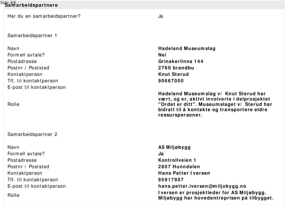 til kontaktperson 90667000 E-post til kontaktperson Hadeland Museumslag v/ Knut Sterud har vært, og er, aktivt involverte i delprosjektet Rolle "Ordet er ditt".