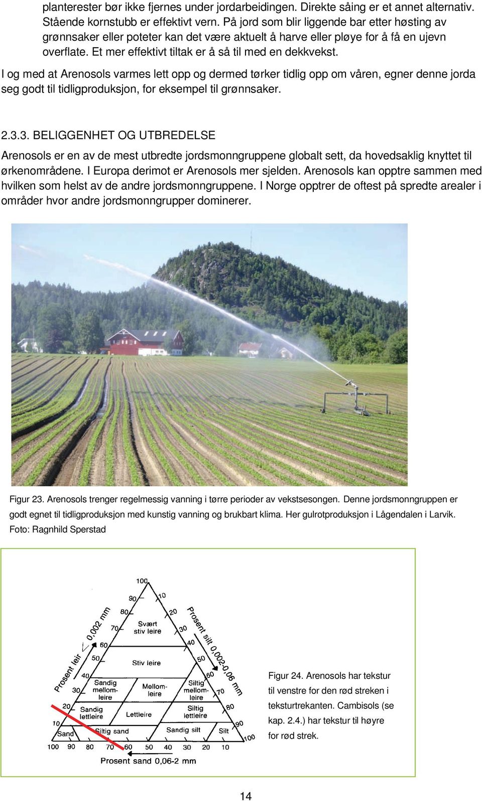 I og med at Arenosols varmes lett opp og dermed tørker tidlig opp om våren, egner denne jorda seg godt til tidligproduksjon, for eksempel til grønnsaker. 2.3.