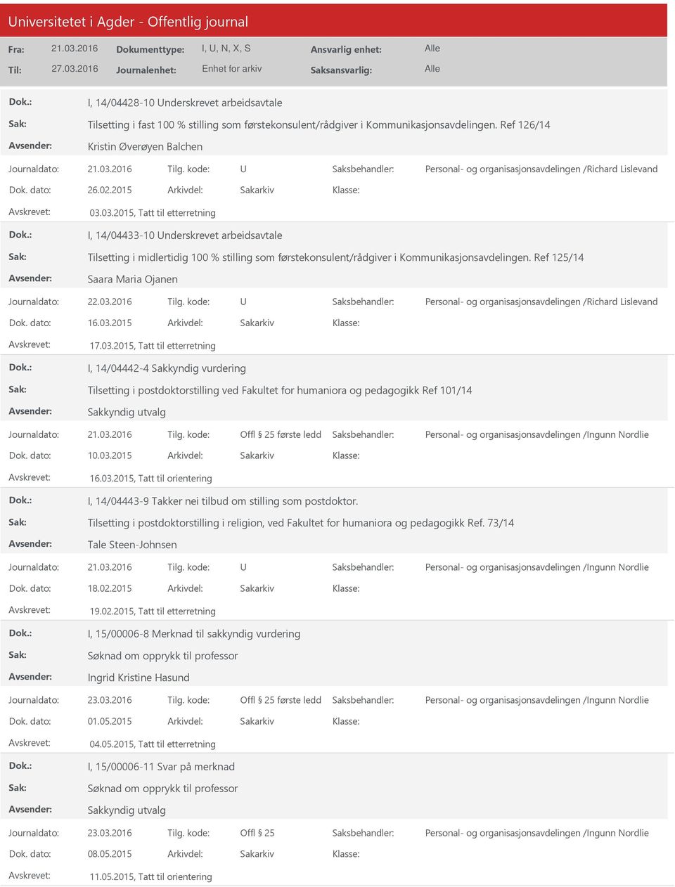 03.2015, Tatt til etterretning I, 14/04433-10 nderskrevet arbeidsavtale Tilsetting i midlertidig 100 % stilling som førstekonsulent/rådgiver i Kommunikasjonsavdelingen.