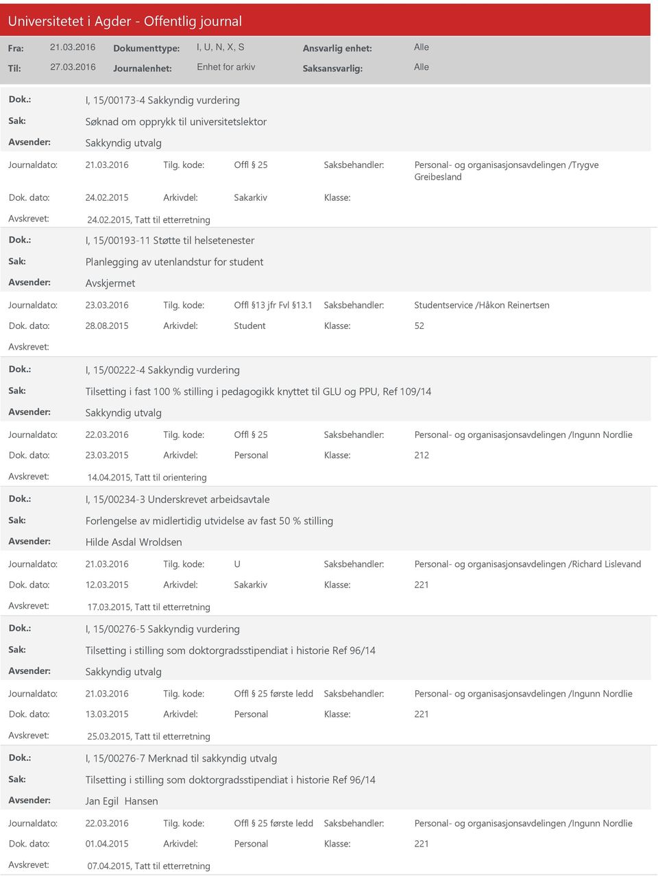 2015 Student I, 15/00222-4 Sakkyndig vurdering Tilsetting i fast 100 % stilling i pedagogikk knyttet til GL og PP, Ref 109/14 Sakkyndig utvalg Offl 25 23.03.2015 Personal 212 14.04.