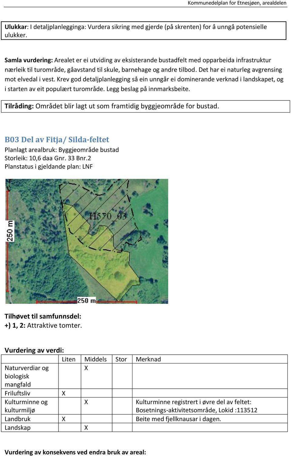 Det har ei naturleg avgrensing mot elvedal i vest. Krev god detaljplanlegging så ein unngår ei dominerande verknad i landskapet, og i starten av eit populært turområde. Legg beslag på innmarksbeite.