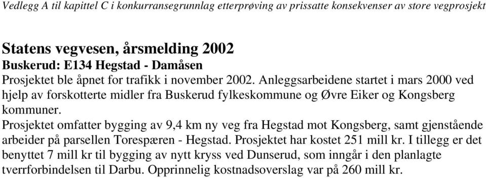 Prosjektet omfatter bygging av 9,4 km ny veg fra Hegstad mot Kongsberg, samt gjenstående arbeider på parsellen Torespæren - Hegstad.