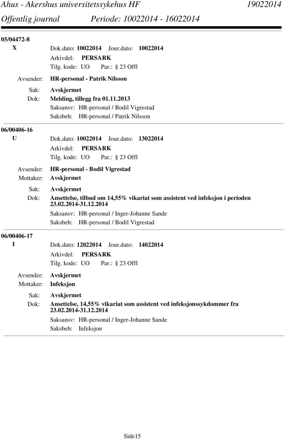 dato: 13022014 HR-personal - Bodil Vigrestad Ansettelse, tilbud om 14,55% vikariat som assistent ved infeksjon i perioden 23.02.2014-31.12.