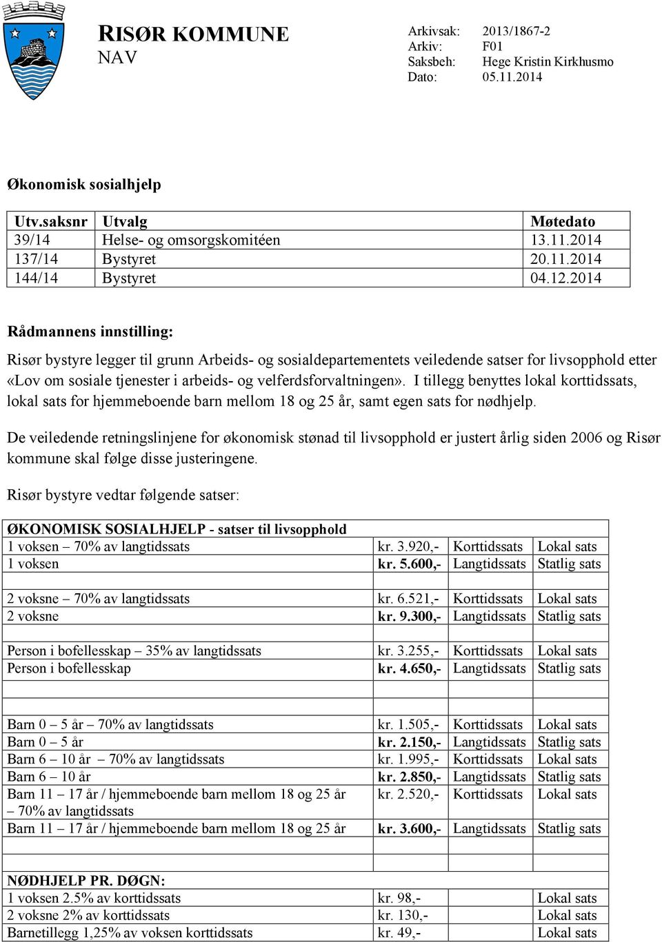 2014 Rådmannens innstilling: Risør bystyre legger til grunn Arbeids- og sosialdepartementets veiledende satser for livsopphold etter «Lov om sosiale tjenester i arbeids- og velferdsforvaltningen».