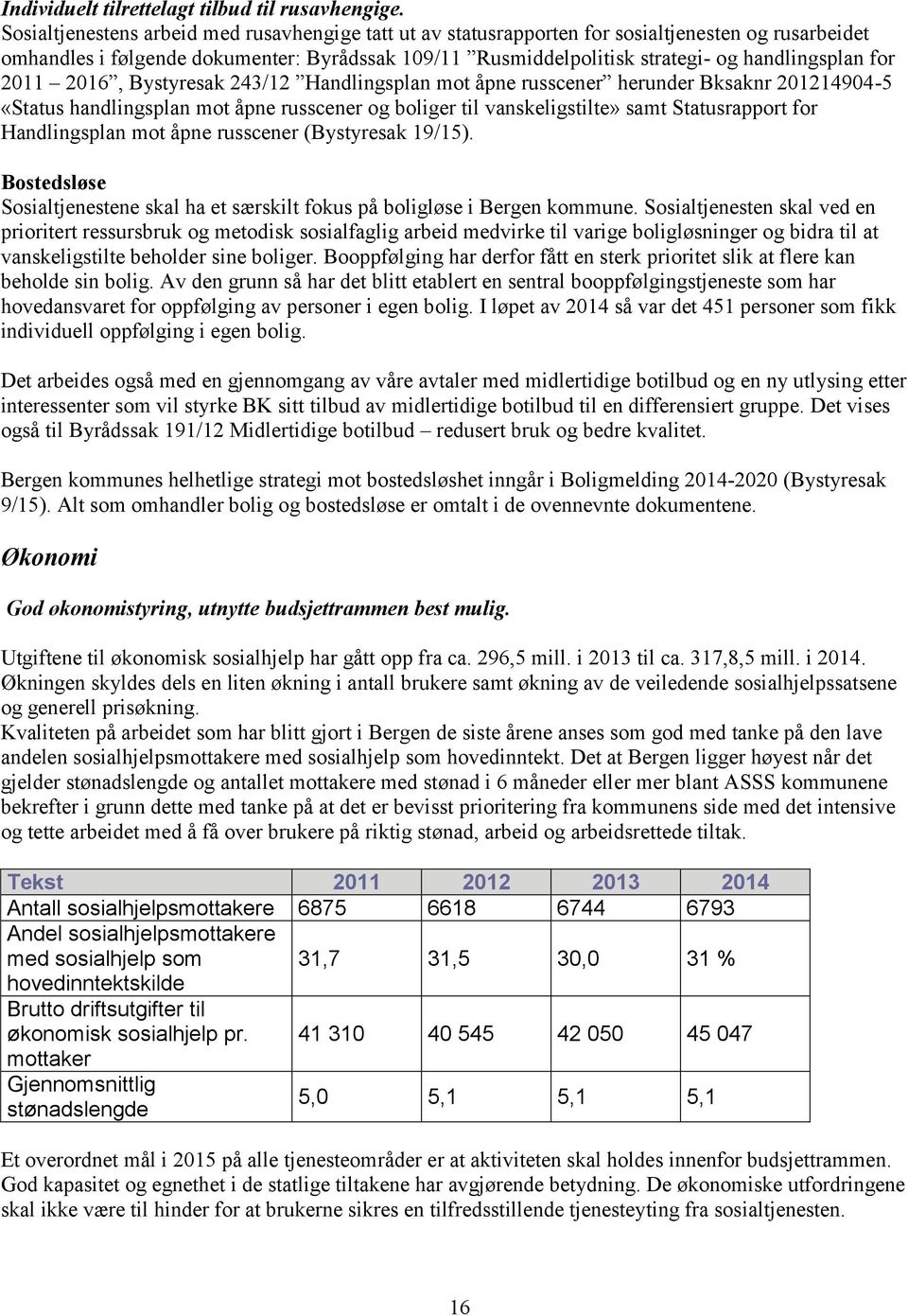 for 2011 2016, Bystyresak 243/12 Handlingsplan mot åpne russcener herunder Bksaknr 201214904-5 «Status handlingsplan mot åpne russcener og boliger til vanskeligstilte» samt Statusrapport for