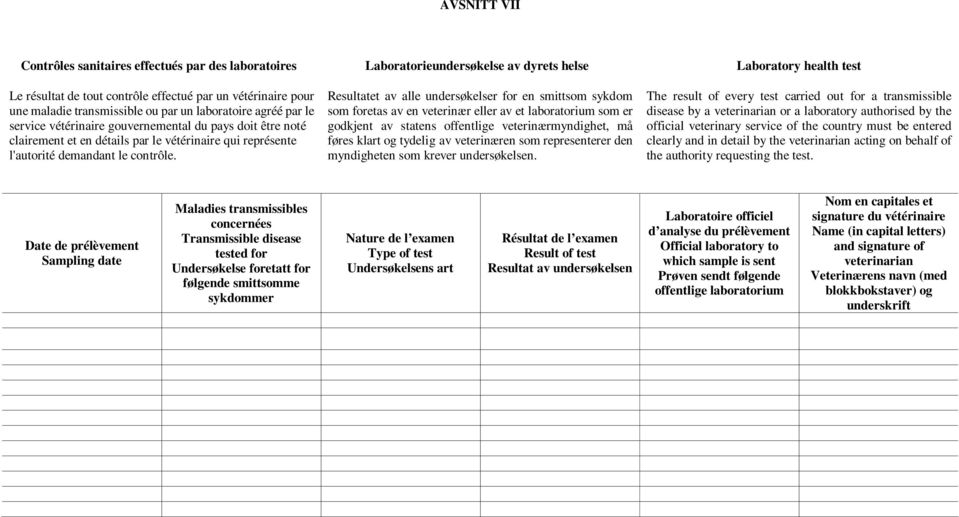 Laboratorieundersøkelse av dyrets helse Resultatet av alle undersøkelser for en smittsom sykdom som foretas av en veterinær eller av et laboratorium som er godkjent av statens offentlige