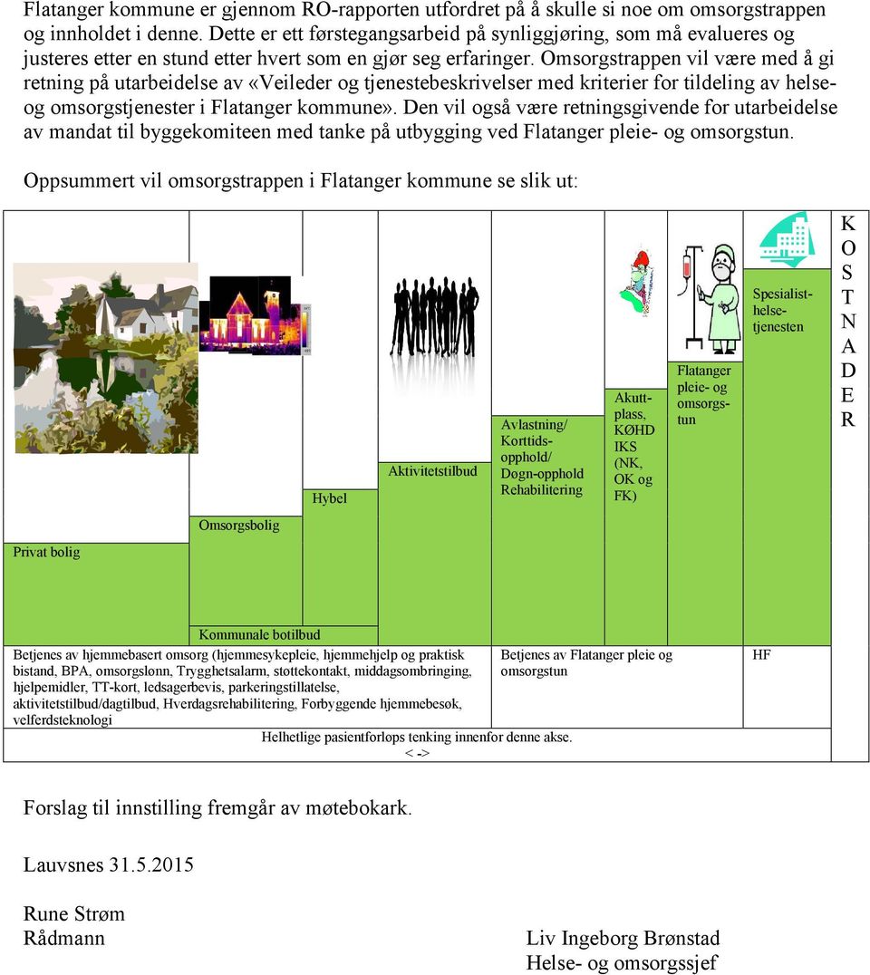 Omsorgstrappen vil være med å gi retning på utarbeidelse av «Veileder og tjenestebeskrivelser med kriterier for tildeling av helseog omsorgstjenester i Flatanger kommune».