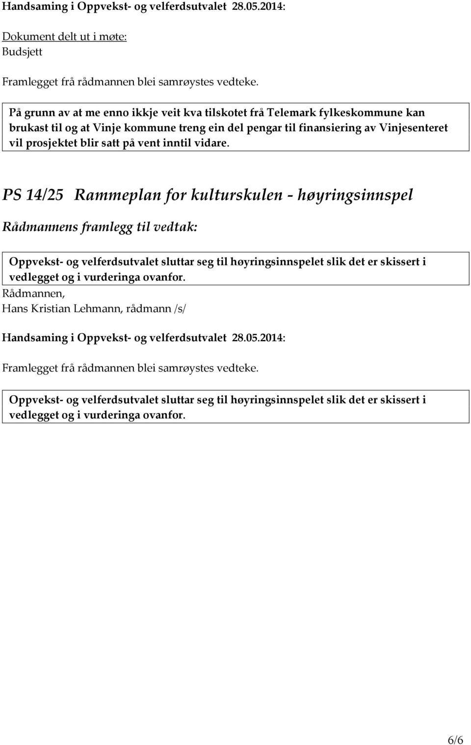 PS 14/25 Rammeplan for kulturskulen - høyringsinnspel Oppvekst- og velferdsutvalet sluttar seg til høyringsinnspelet slik det er